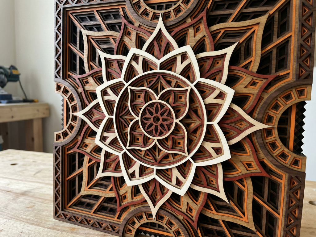 Mandala Multicapa Cortado con Láser #37 para pared – Diseño de Mandala de 8 Capas | Decoración de pared 3D | Decoración de Mesa 3D | Archivos AI SVG DXF DWG AI