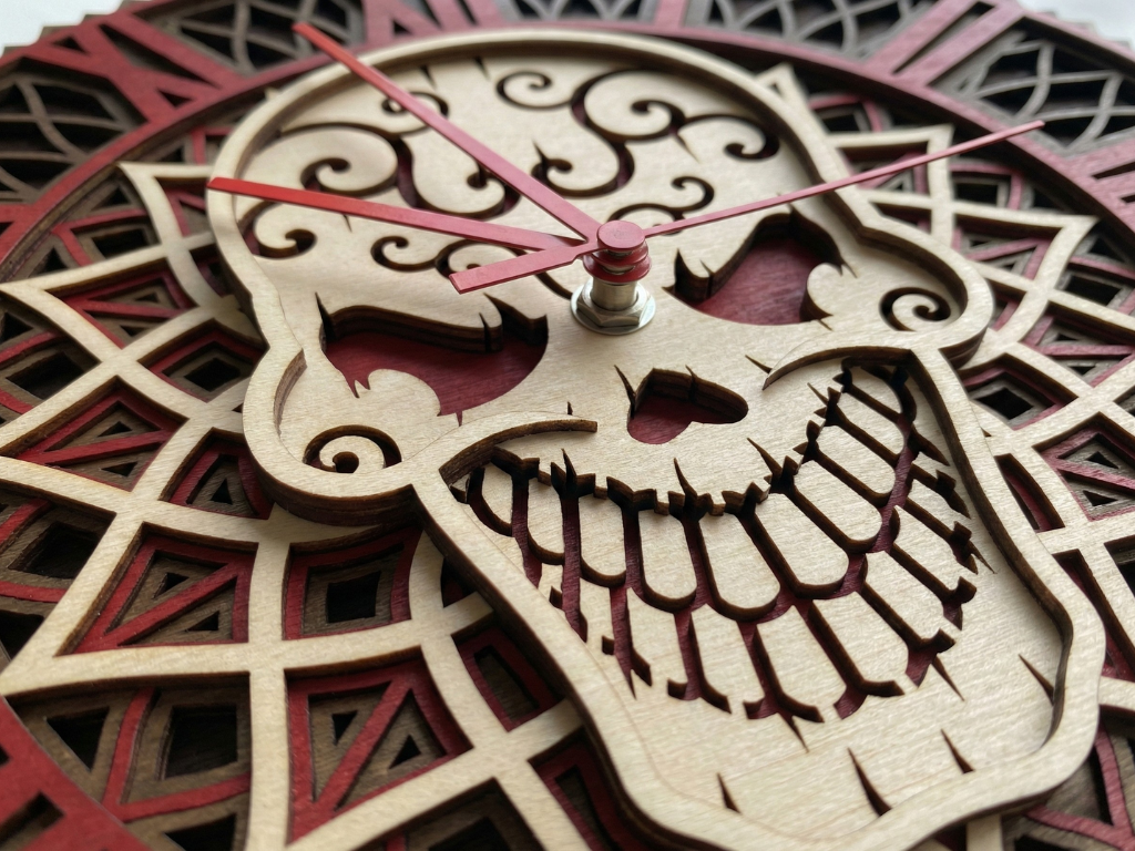 Reloj de calavera multicapa cortado con láser #9 Arte de pared - Diseño de reloj ornamental de 5 capas | Decoración de pared 3D | Archivos AI SVG DXF DWG