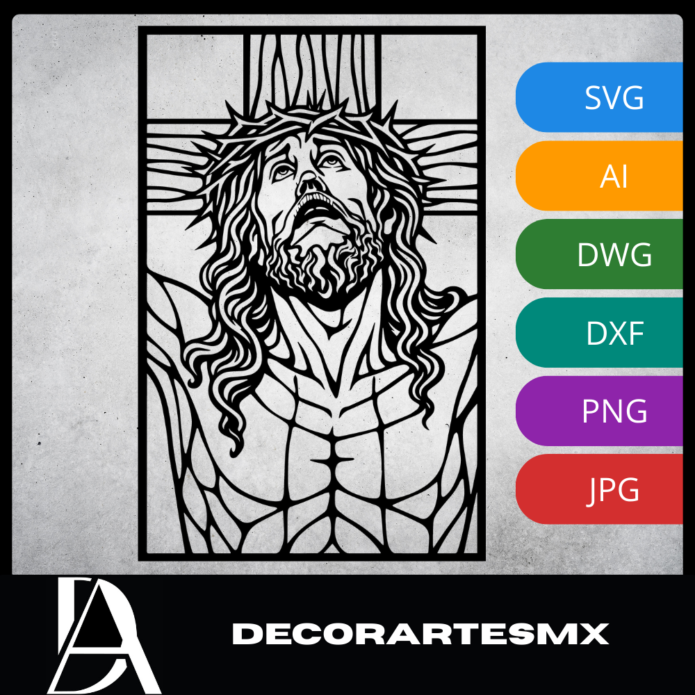 Arte Decorativo de Pared Religioso para Corte Láser – Cristo Crucificado #2 | Flow-Line Art con Marco Negro | Archivos SVG AI DXF DWG PNG JPG
