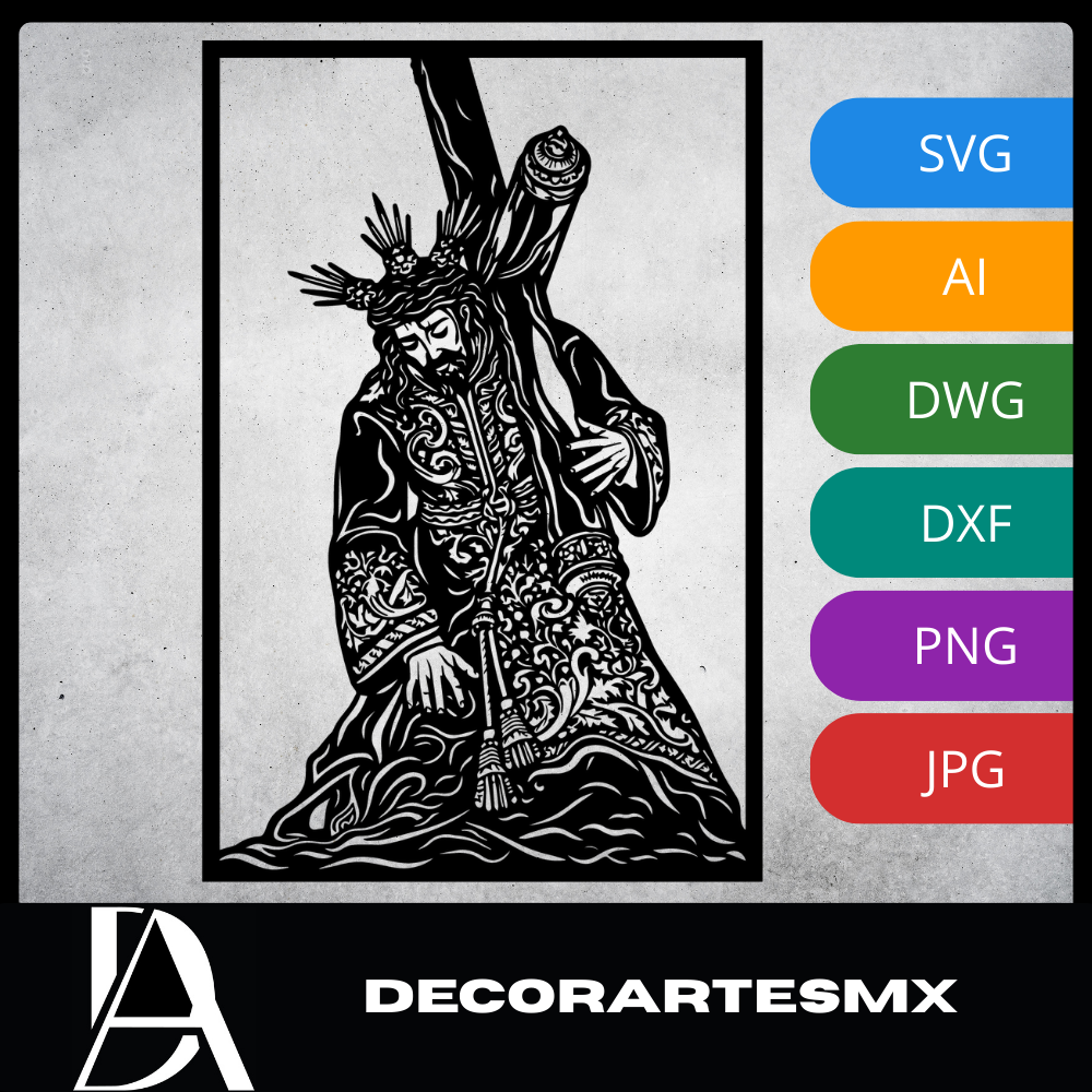 Arte Decorativo de Pared Religioso para Corte Láser – Cristo con la Cruz | Flow-Line Art con Marco Negro | Archivos SVG AI DXF DWG PNG JPG