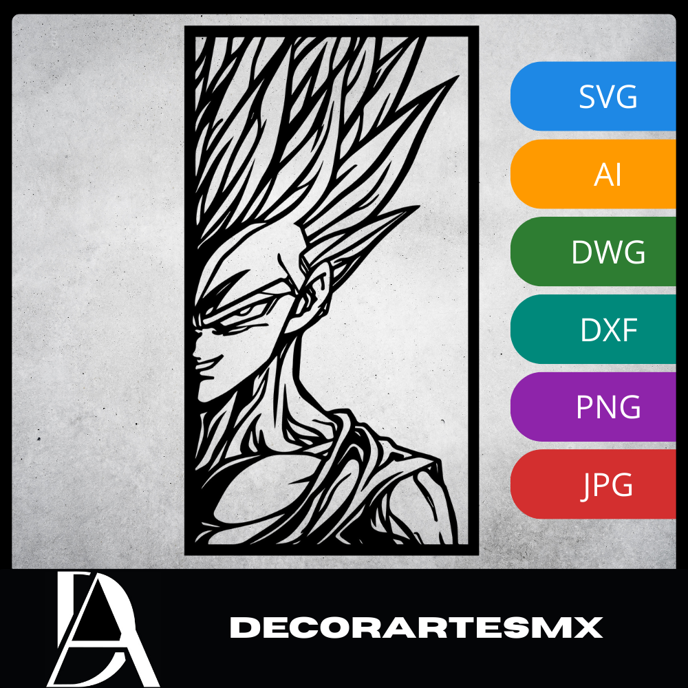 Arte Decorativo de Pared Anime para Corte Láser – Gohan SSJ2 | Flow-Line Art con Marco Negro | Archivos SVG AI DXF DWG