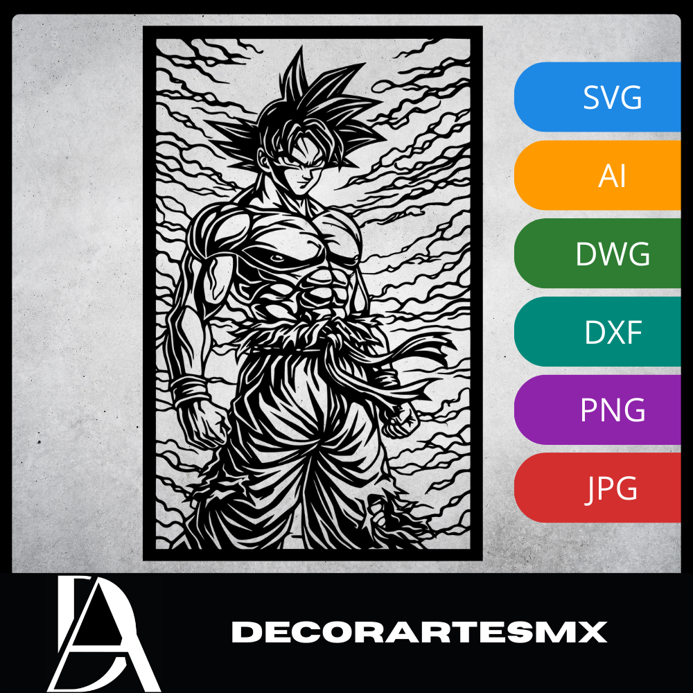 Arte Decorativo de Pared Anime para Corte Láser – Goku | Flow-Line Art con Marco Negro | Archivos SVG AI DXF DWG