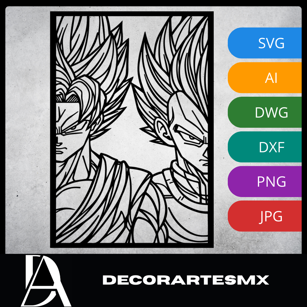 Arte Decorativo de Pared Anime para Corte Láser – Goku y Vegeta | Flow-Line Art con Marco Negro | Archivos SVG AI DXF dwg