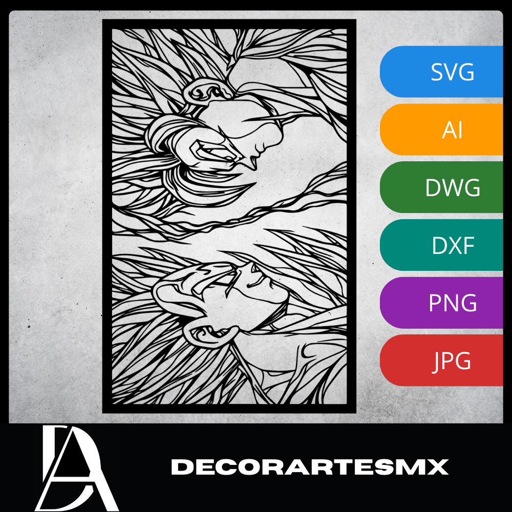 Arte Decorativo de Pared Anime para Corte Láser – Goku vs Majin Vegeta | Flow-Line Art con Marco Negro | Archivos SVG AI DXF dwg