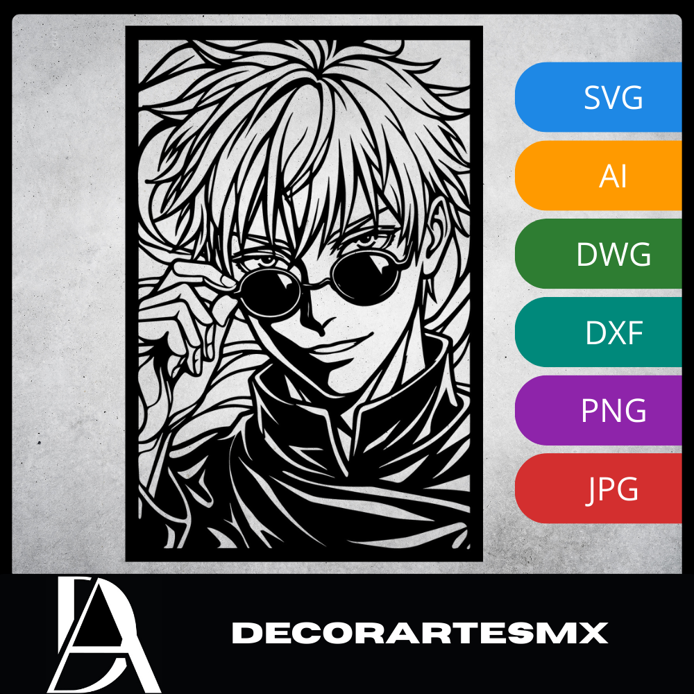 Arte Decorativo de Pared Anime para Corte Láser – Goyo | Flow-Line Art con Marco Negro | Archivos SVG AI DXF dwg