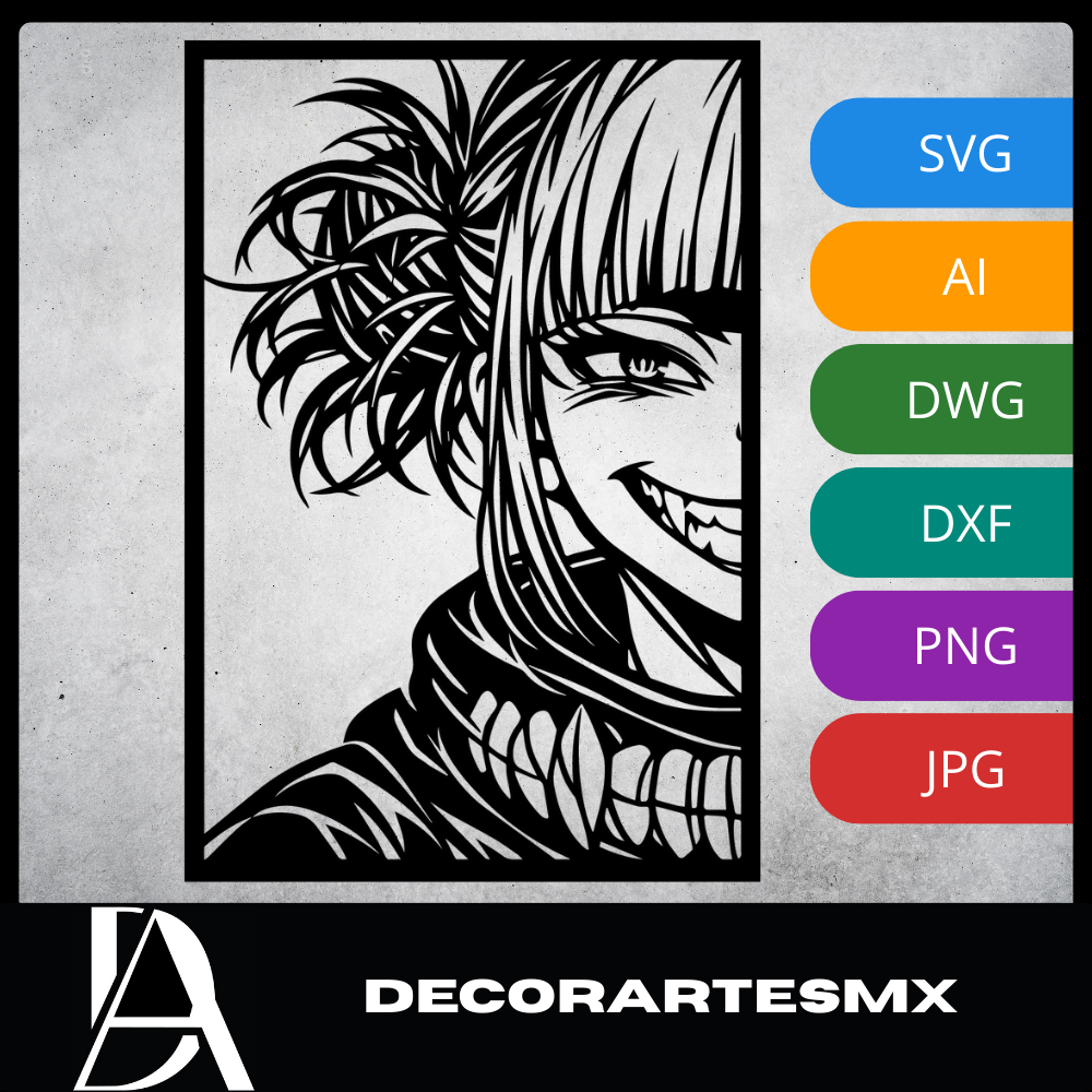 Arte Decorativo de Pared Anime para Corte Láser – Himiko Toga | Flow-Line Art con Marco Negro | Archivos SVG AI DXF dwg