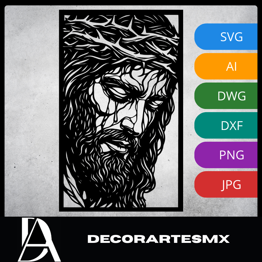 Arte Decorativo de Pared Religioso para Corte Láser – Jesucristo | Flow-Line Art con Marco Negro | Archivos SVG AI DXF DWG PNG JPG