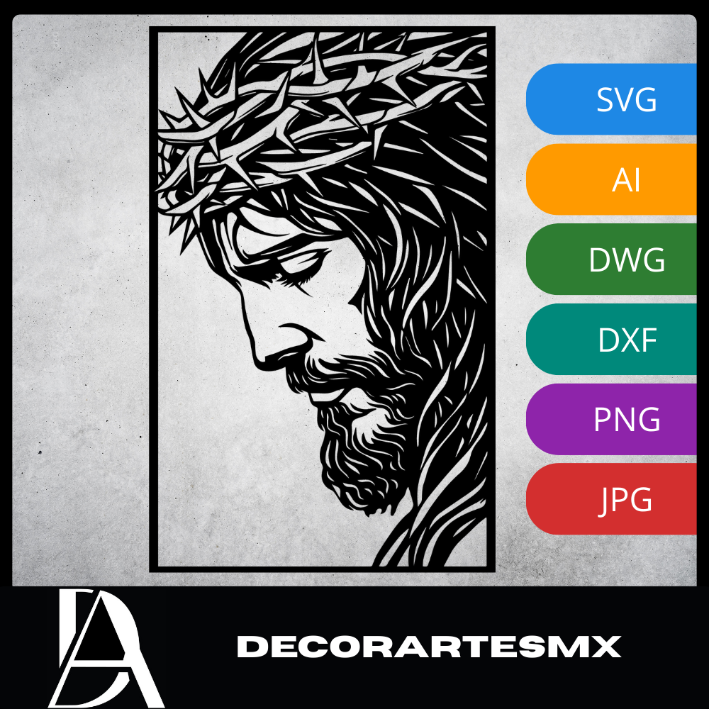 Arte Decorativo de Pared Religioso para Corte Láser – Jesucristo #2 | Flow-Line Art con Marco Negro | Archivos SVG AI DXF DWG PNG JPG