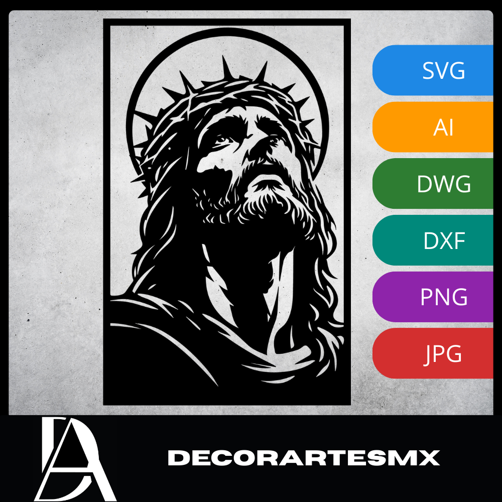 Arte Decorativo de Pared Religioso para Corte Láser – Jesucristo #3 | Flow-Line Art con Marco Negro | Archivos SVG AI DXF DWG PNG JPG