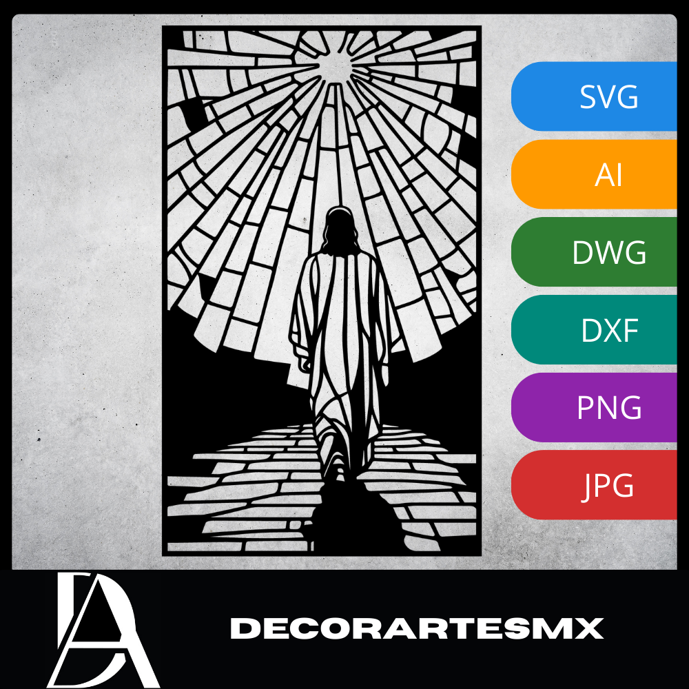 Arte Decorativo de Pared Religioso para Corte Láser – Jesucristo #4 | Flow-Line Art con Marco Negro | Archivos SVG AI DXF DWG PNG JPG