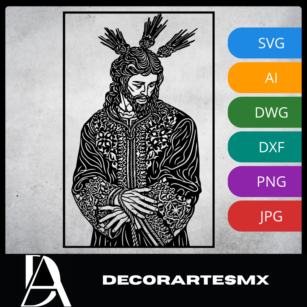 Arte Decorativo de Pared Religioso para Corte Láser – Jesucristo #5 | Flow-Line Art con Marco Negro | Archivos SVG AI DXF DWG PNG JPG