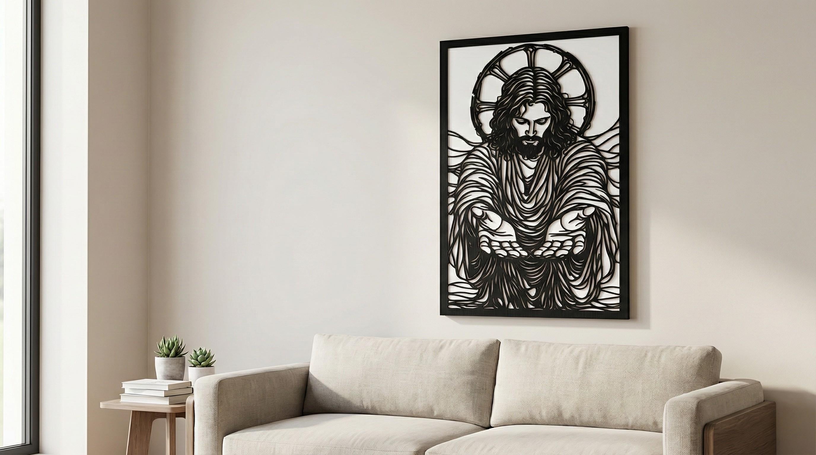 Laser Cut Religious Wall Art Decor Jesus of Mercy Black Frame Flow-Line Art | Laser Cut File SVG AI and more