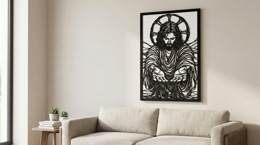 Arte Decorativo de Pared Religioso para Corte Láser – Jesús de la Misericordia | Flow-Line Art con Marco Negro | Archivos SVG AI DXF DWG PNG JPG