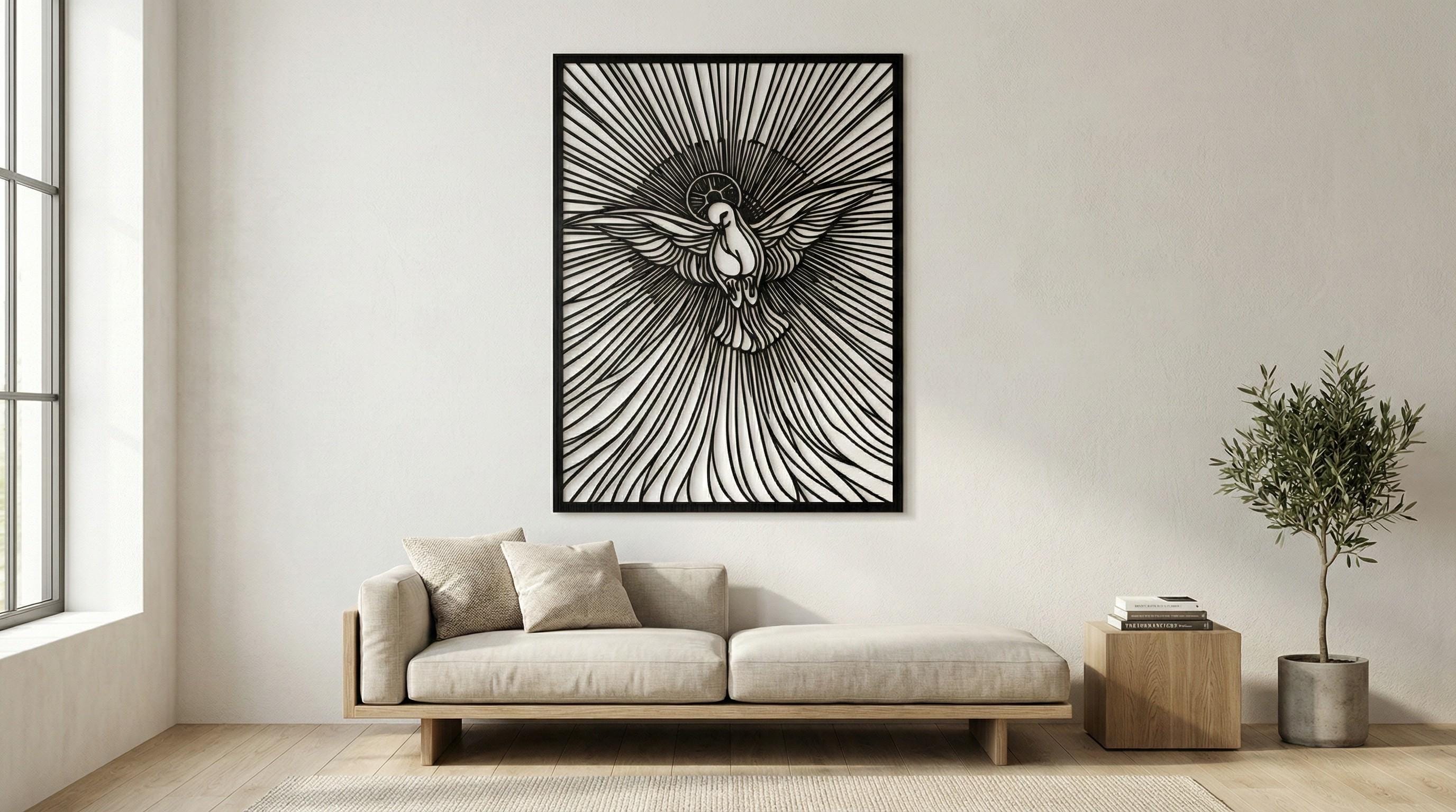Laser Cut Religious Wall Art Decor The Holy Spirit Black Frame Flow-Line Art | Laser Cut File SVG AI