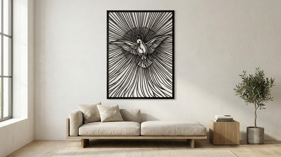 Arte Decorativo de Pared Religioso para Corte Láser – El Espíritu Santo | Flow-Line Art con Marco Negro | Archivos SVG AI DXF DWG PNG JPG