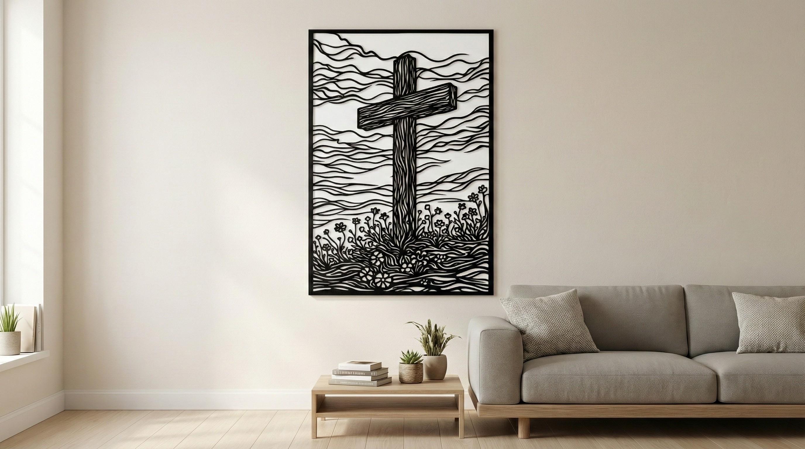 Laser Cut Religious Wall Art Decor The Cross of Hope Black Frame Flow-Line Art | Laser Cut File SVG AI and more