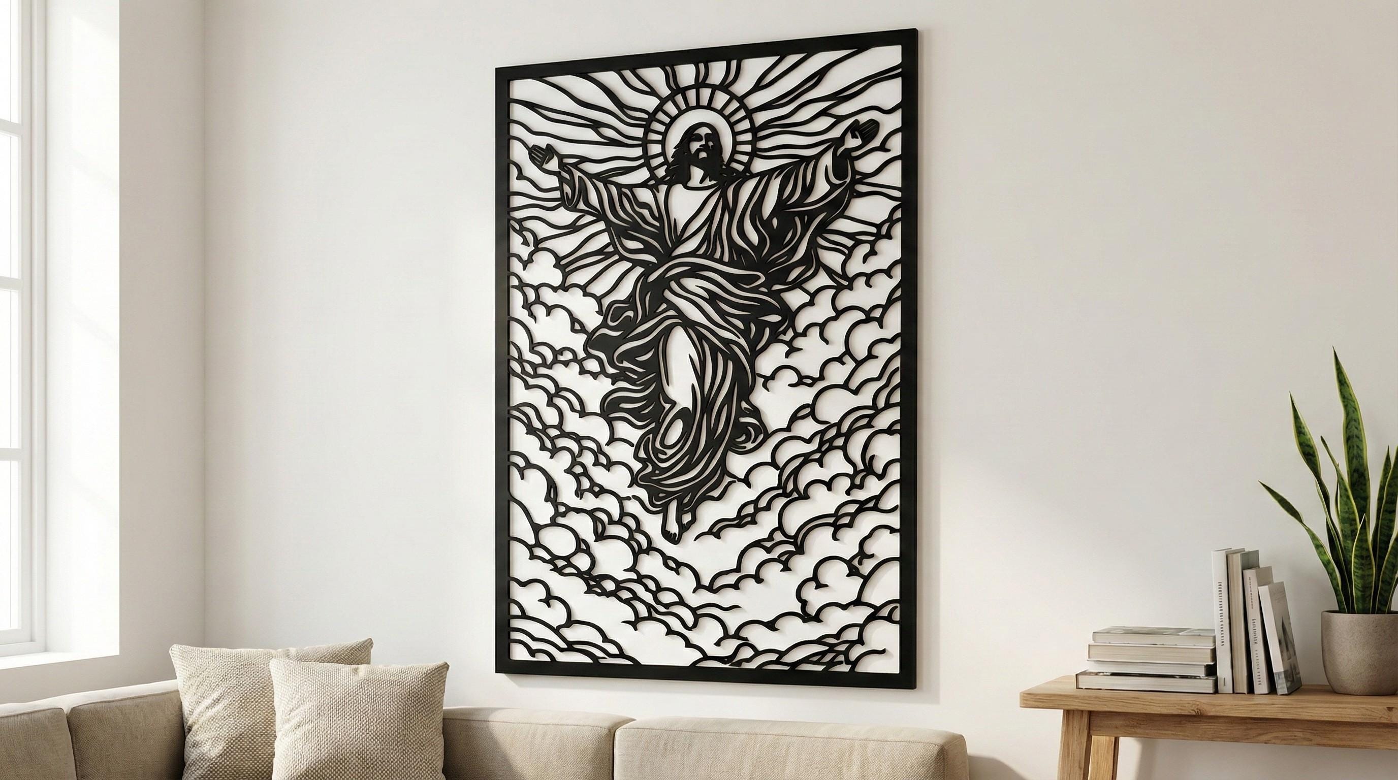 Laser Cut Religious Wall Art Decor The Risen Christ in Glory Black Frame Flow-Line Art | Laser Cut File SVG AI and more