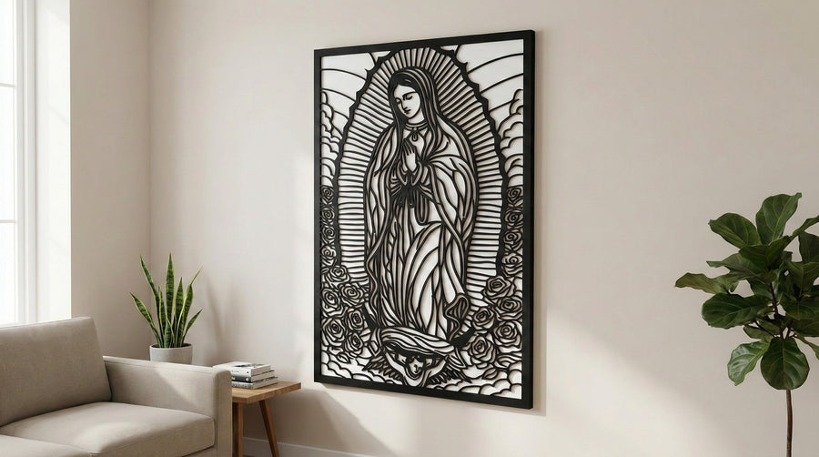 Arte Decorativo de Pared Religioso para Corte Láser – Nuestra Señora de Guadalupe | Flow-Line Art con Marco Negro | Archivos SVG AI DXF DWG PNG JPG