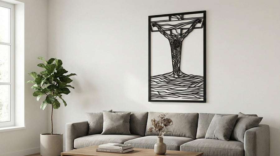 Arte Decorativo de Pared Religioso para Corte Láser – Cristo de San Juan de la Cruz | Flow-Line Art con Marco Negro | Archivos SVG AI DXF DWG PNG JPG
