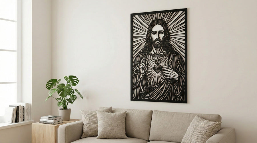 Arte Decorativo de Pared Religioso para Corte Láser – Sagrado Corazón de Jesús | Flow-Line Art con Marco Negro | Archivos SVG AI DXF DWG PNG JPG