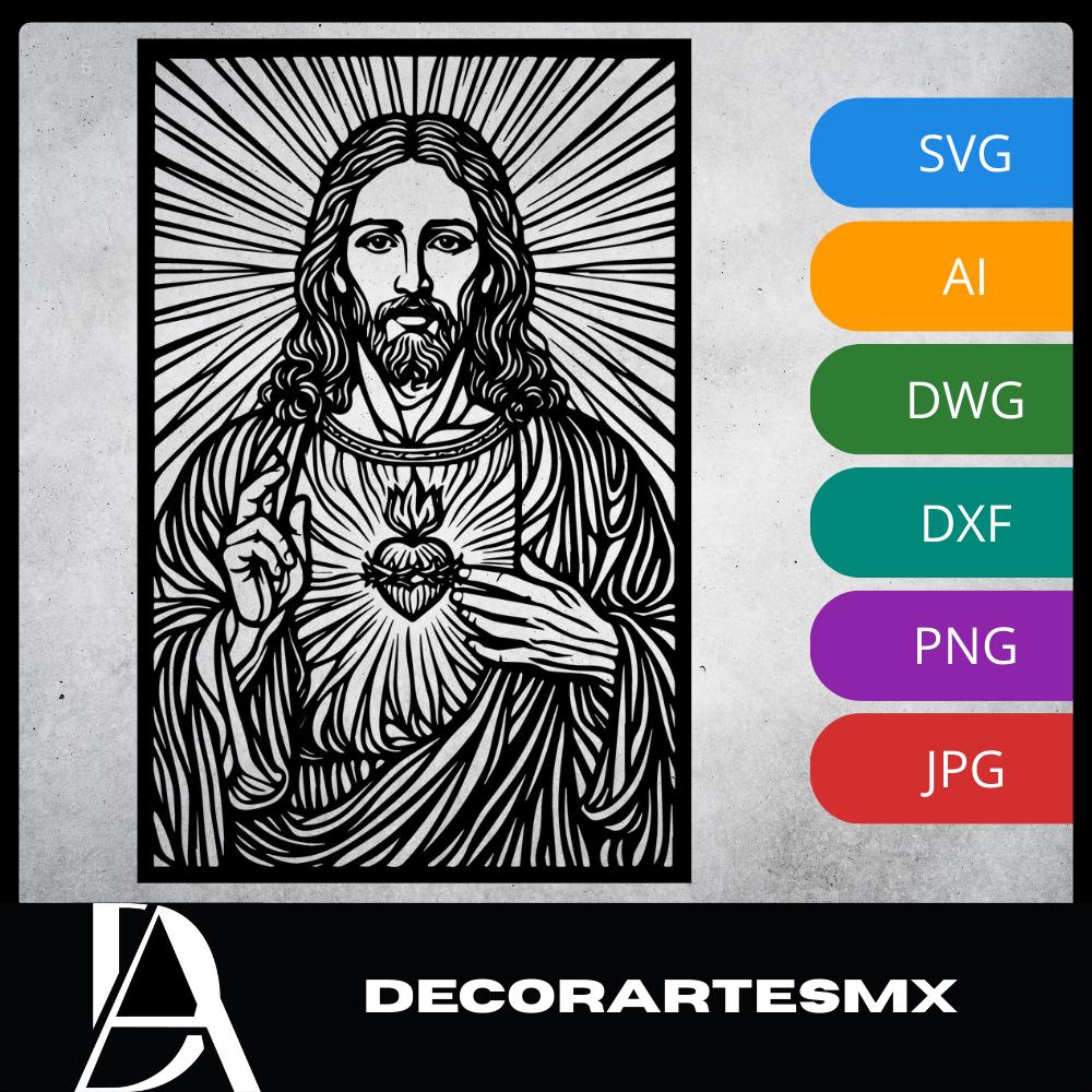Laser Cut Religious Wall Art Decor Sacred Heart of Jesus Black Frame Flow-Line Art | Laser Cut File SVG AI and more