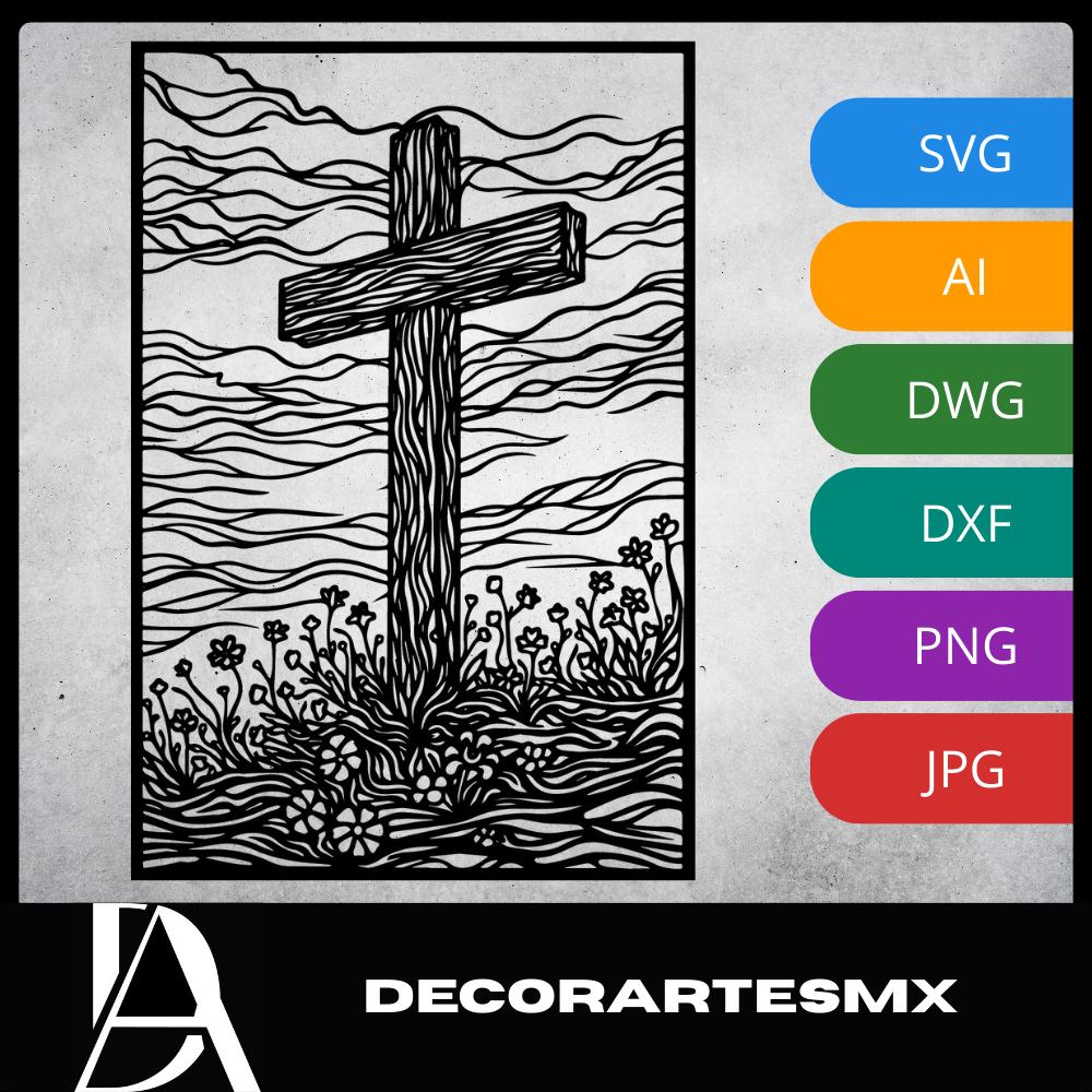 Laser Cut Religious Wall Art Decor The Cross of Hope Black Frame Flow-Line Art | Laser Cut File SVG AI and more