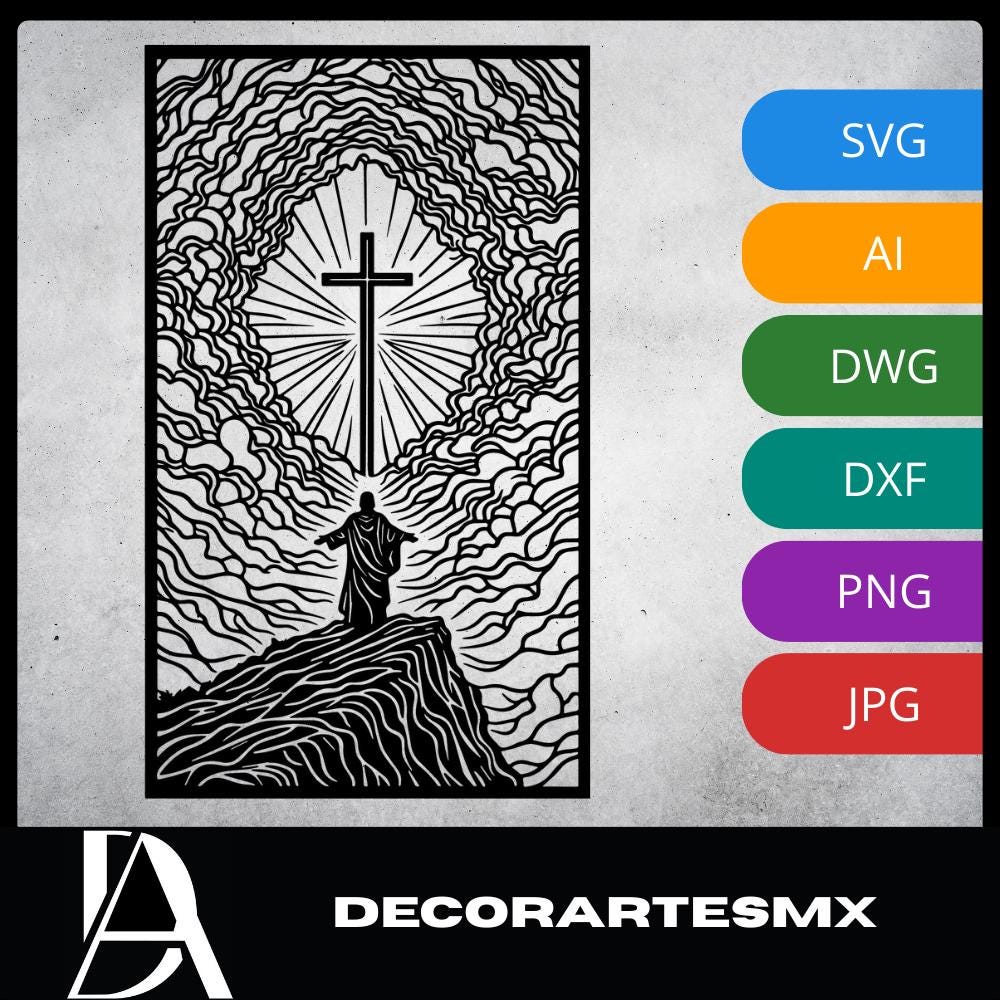 Laser Cut Religious Wall Art Decor Christ the Way to the Father Black Frame Flow-Line Art | Laser Cut File SVG AI and more