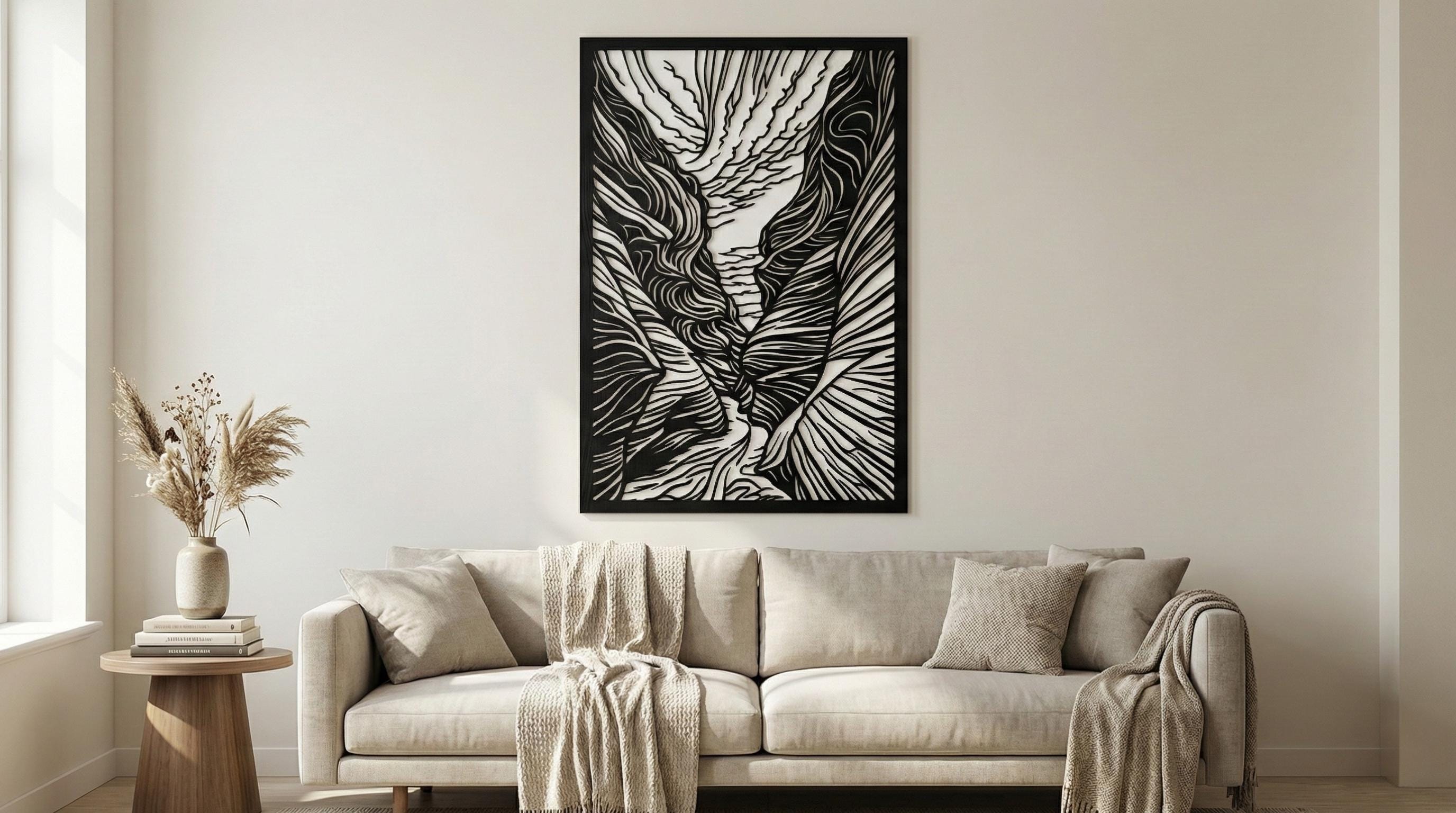Laser Cut Landscape Wall Art Decor – Silent Canyon | Flow-Line Art Black Frame | SVG AI DXF dwg Files