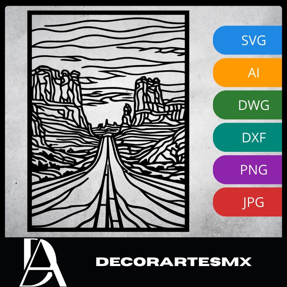 Laser Cut Landscape Wall Art Decor – Desert Road | Flow-Line Art Black Frame | SVG AI DXF dwg Files