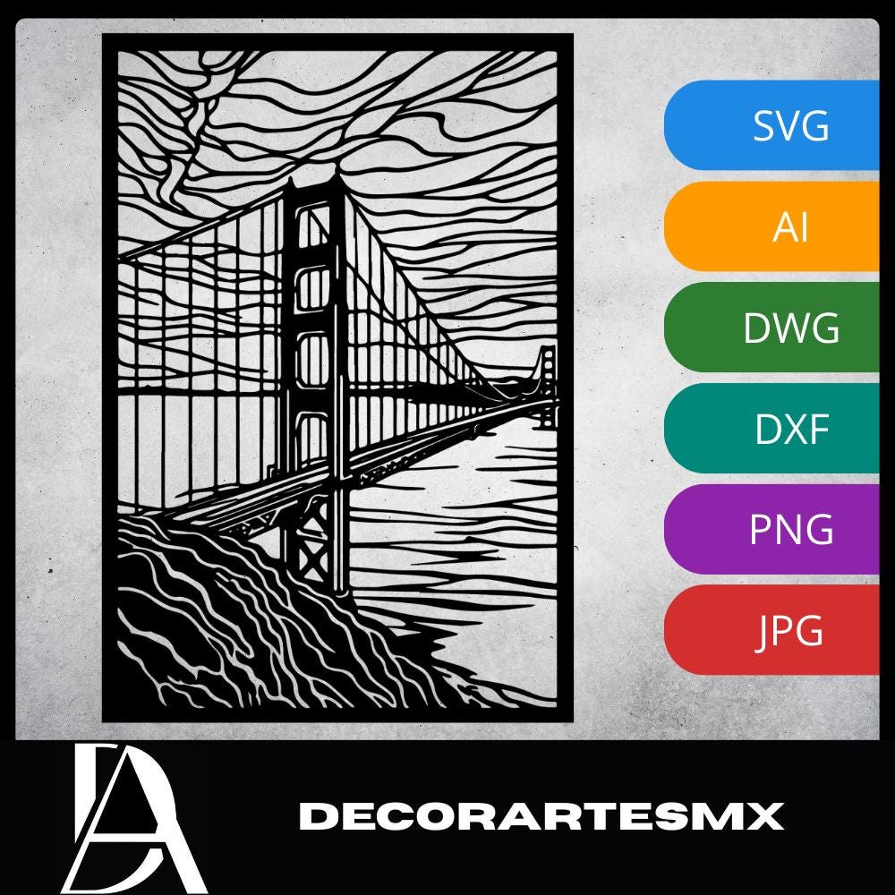 Laser Cut Landscape Wall Art Decor – Horizon Bridge | Black Frame Flow-Line Art | SVG AI DXF dwg Files