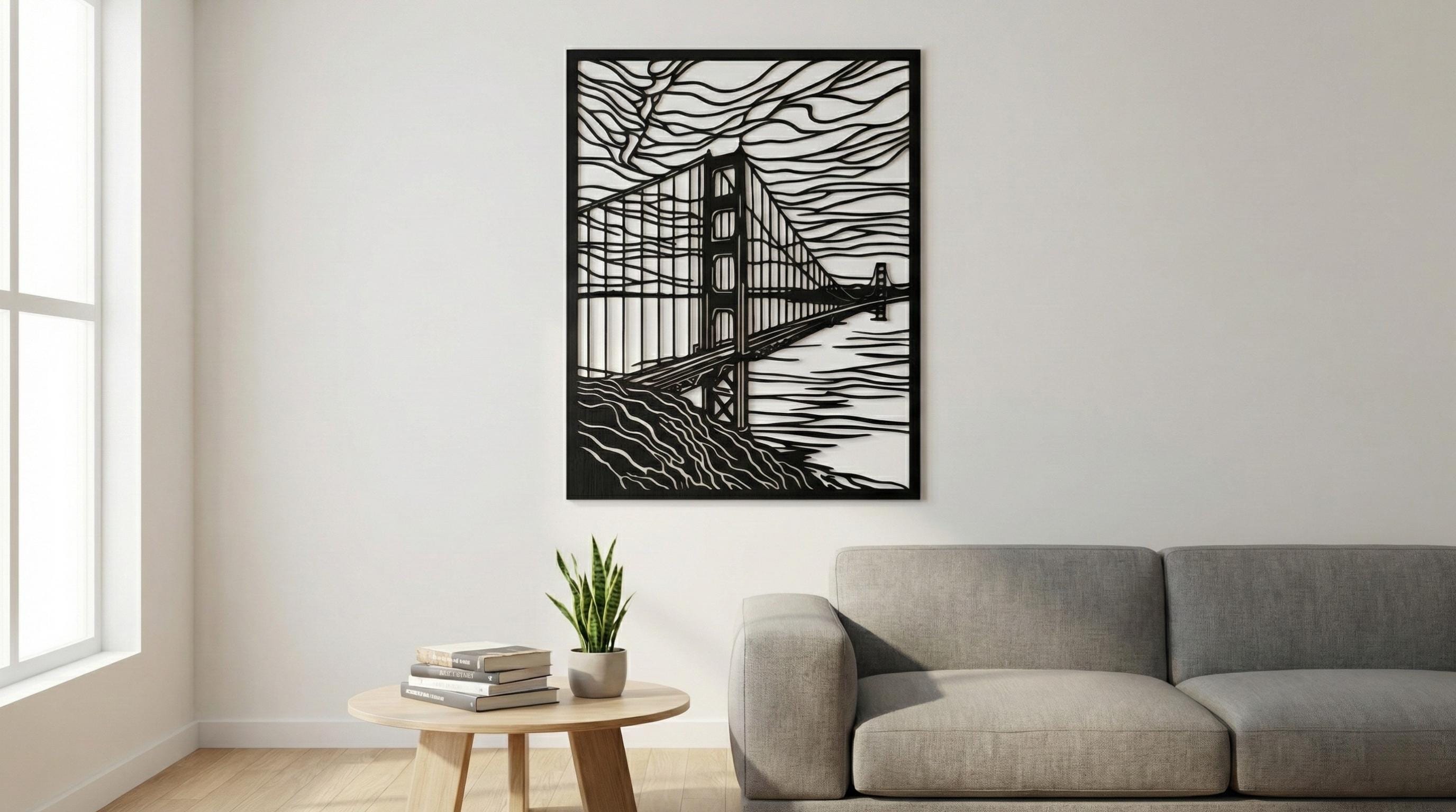 Laser Cut Landscape Wall Art Decor – Horizon Bridge | Black Frame Flow-Line Art | SVG AI DXF dwg Files