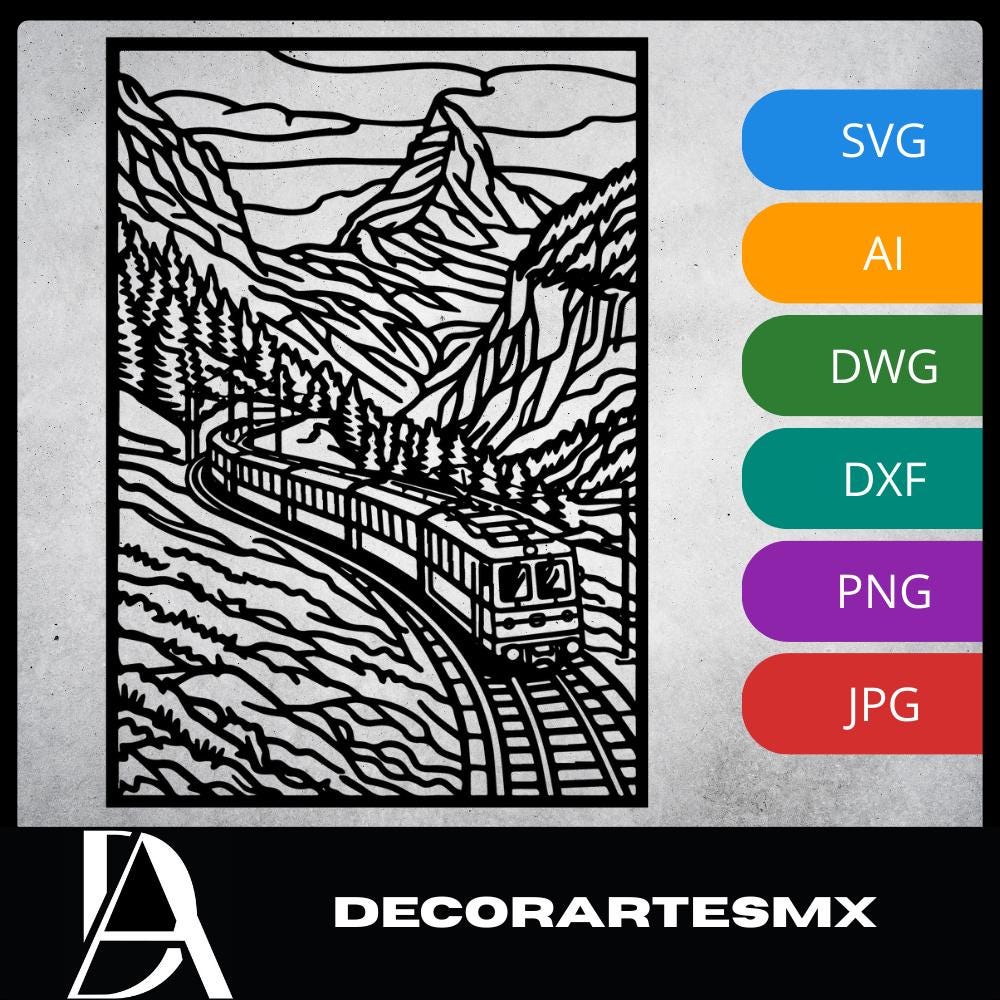 Laser Cut Landscape Wall Art Decor – Alpine Valley Train | Black Frame Flow-Line Art | SVG AI DXF dwg Files
