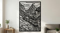 Laser Cut Landscape Wall Art Decor – Alpine Valley Train | Black Frame Flow-Line Art | SVG AI DXF dwg Files