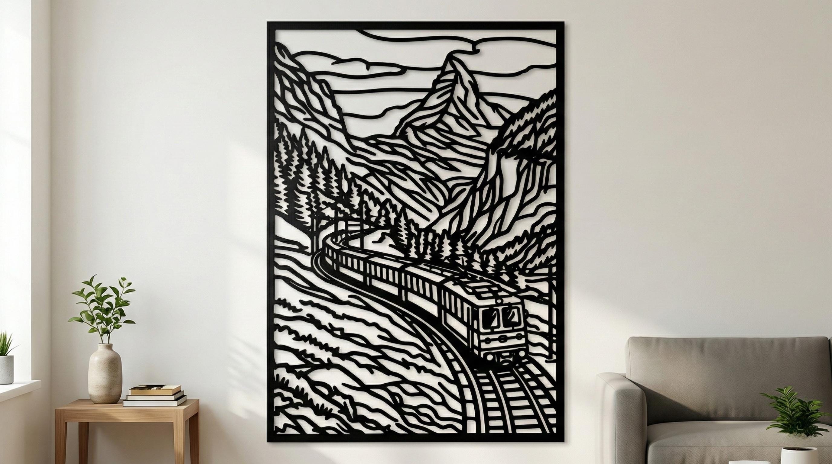 Laser Cut Landscape Wall Art Decor – Alpine Valley Train | Black Frame Flow-Line Art | SVG AI DXF dwg Files