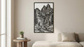 Laser Cut Landscape Wall Art Decor – Mountain Valley Waterfall | Black Frame Flow-Line Art | SVG AI DXF dwg Files