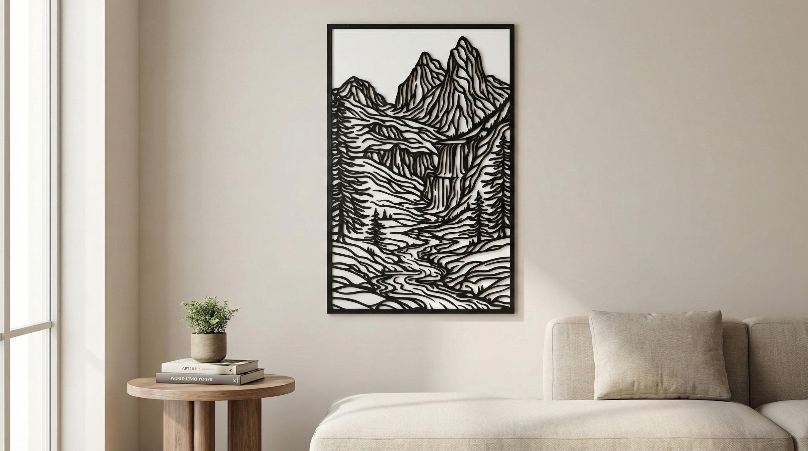 Laser Cut Landscape Wall Art Decor – Mountain Valley Waterfall | Black Frame Flow-Line Art | SVG AI DXF dwg Files