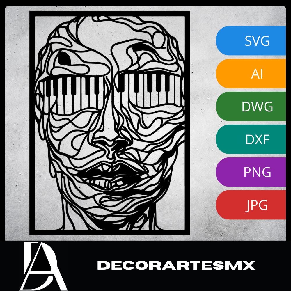 Laser Cut Abstract Wall Art Decor – The Face of Rhythm | Black Frame Flow-Line Art | SVG AI DXF dwg Files