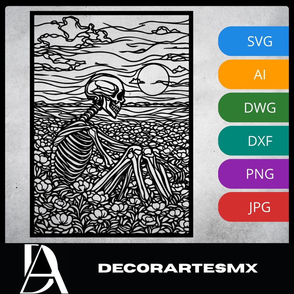 Laser Cut Skull Wall Art Decor – After Time | Black Frame Flow-Line Art | SVG AI DXF dwg Files