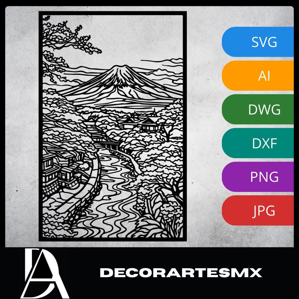 Laser Cut Landscape Wall Art Decor – Snowy Mountain Valley | Black Frame Flow-Line Art | SVG AI DXF dwg Files