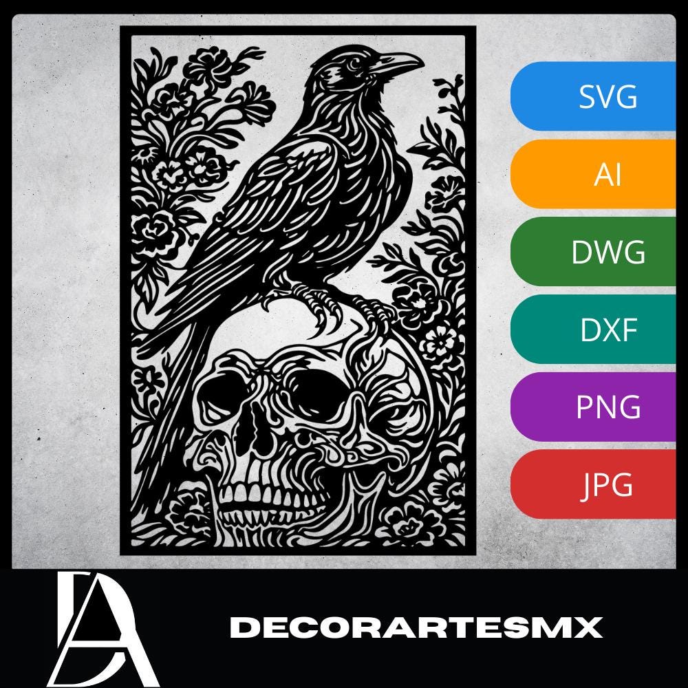 Laser Cut Skull Wall Art Decor – The Messenger | Flow-Line Art Black Frame | SVG AI DXF dwg Files