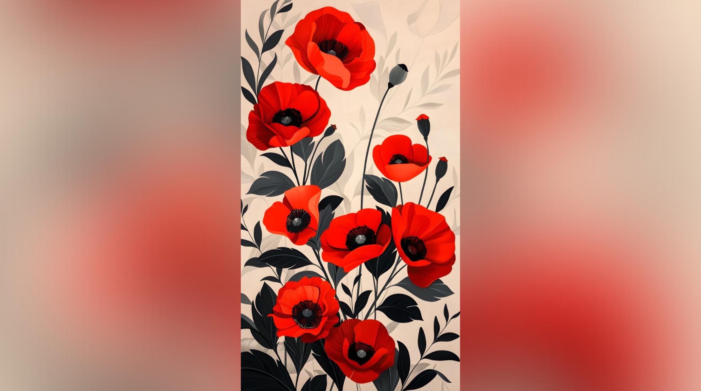 Laser Cut Floral Wall Art Decor – Crimson Poppies | Flow-Line Art Black Frame | SVG AI DXF dwg Files