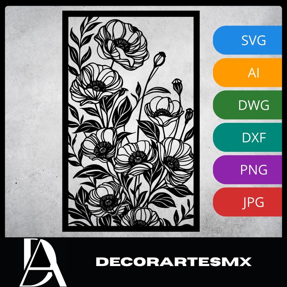Laser Cut Floral Wall Art Decor – Crimson Poppies | Flow-Line Art Black Frame | SVG AI DXF dwg Files