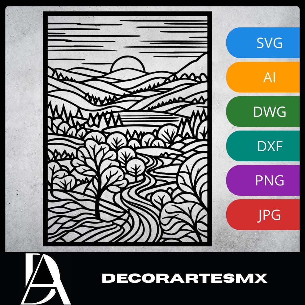 Laser Cut Landscape Wall Art Decor – The Path | Flow-Line Art Black Frame | SVG AI DXF dwg Files