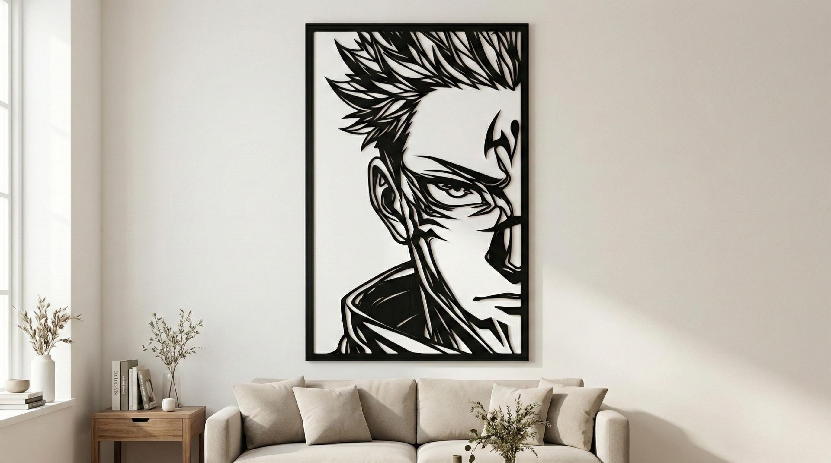 Laser Cut Anime Wall Art Decor – Sukuna | Flow-Line Art Black Frame | SVG AI DXF dwg Files
