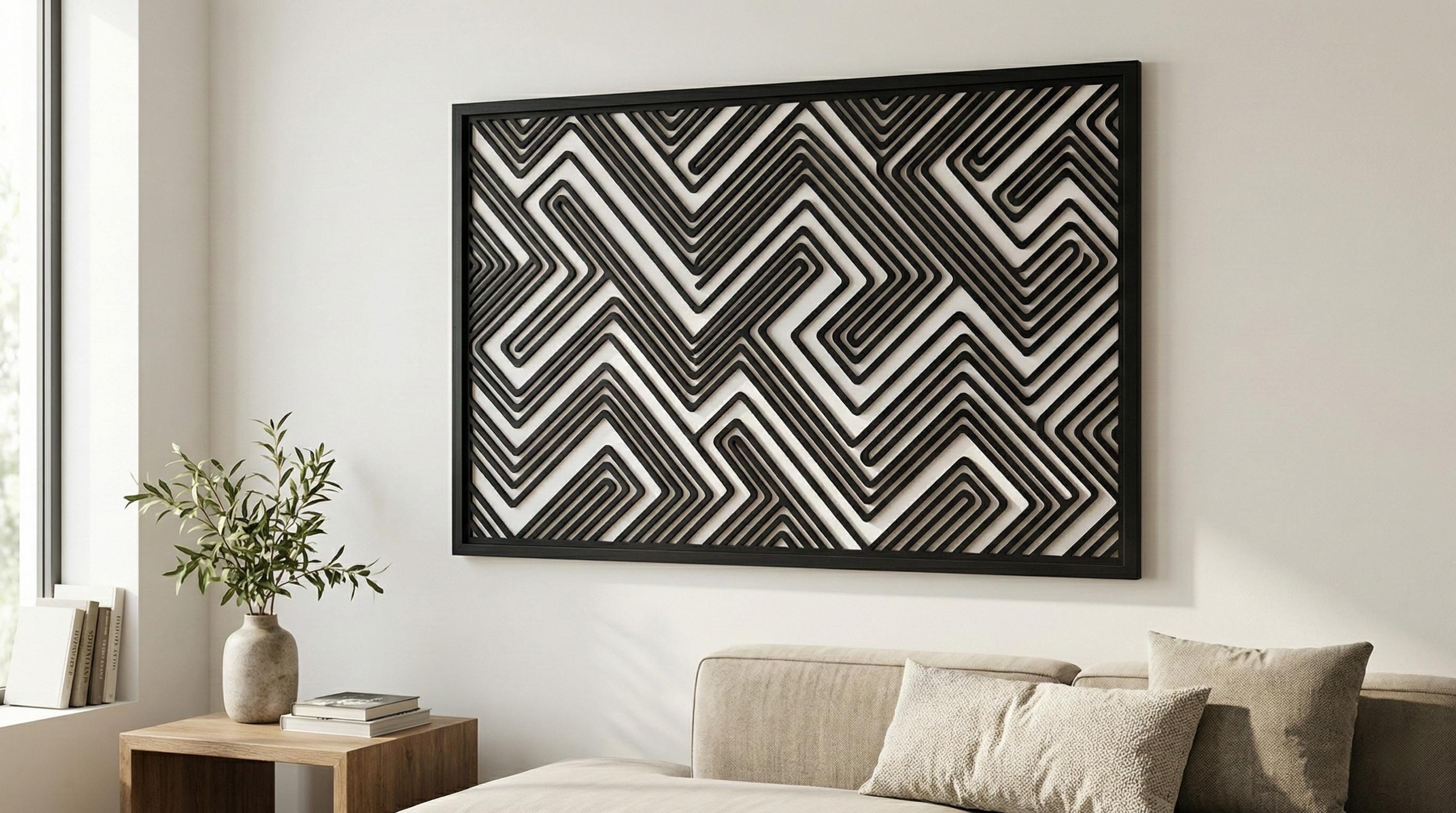 Puede incluir: Una gran obra de arte enmarcada con un diseño geométrico en blanco y negro. La obra presenta un patrón repetitivo de líneas negras que crean un efecto de laberinto en zigzag. El marco es negro y la pieza está montada en una pared blanca.