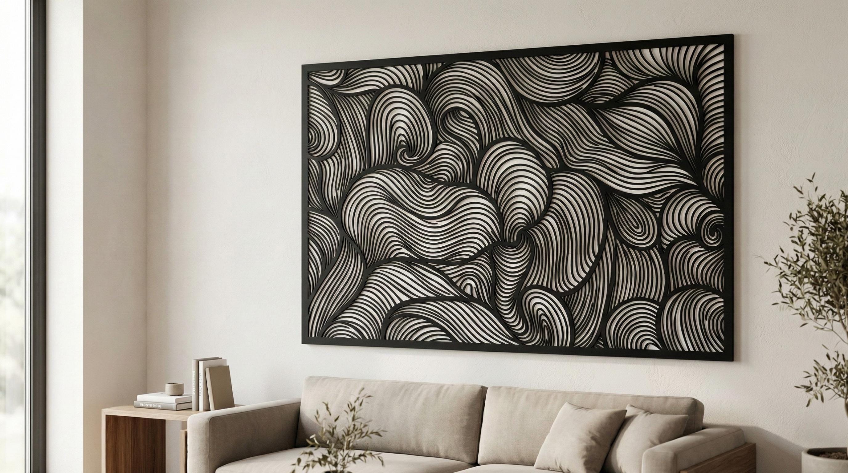 Puede incluir: Una gran obra de arte mural rectangular en blanco y negro con un diseño abstracto y fluido. La obra presenta una serie de líneas curvas, creando un patrón similar a las olas. La pieza está enmarcada en negro y cuelga sobre un sofá beige.