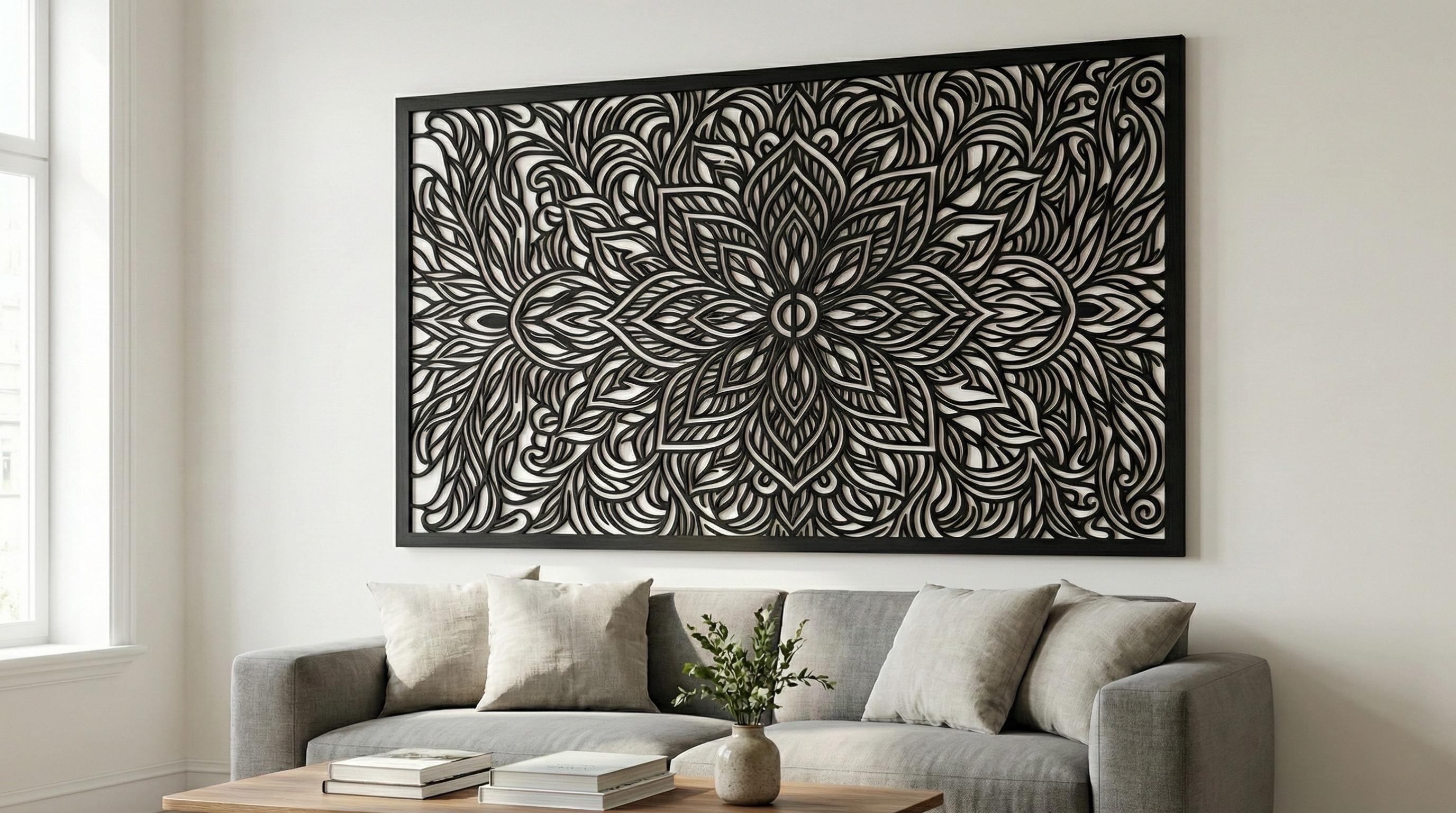 Puede incluir: Una gran obra de arte mural floral en blanco y negro con un diseño detallado y en capas. La obra de arte es rectangular y está enmarcada, montada sobre un sofá gris en un salón. El intrincado patrón se asemeja a una flor estilizada.