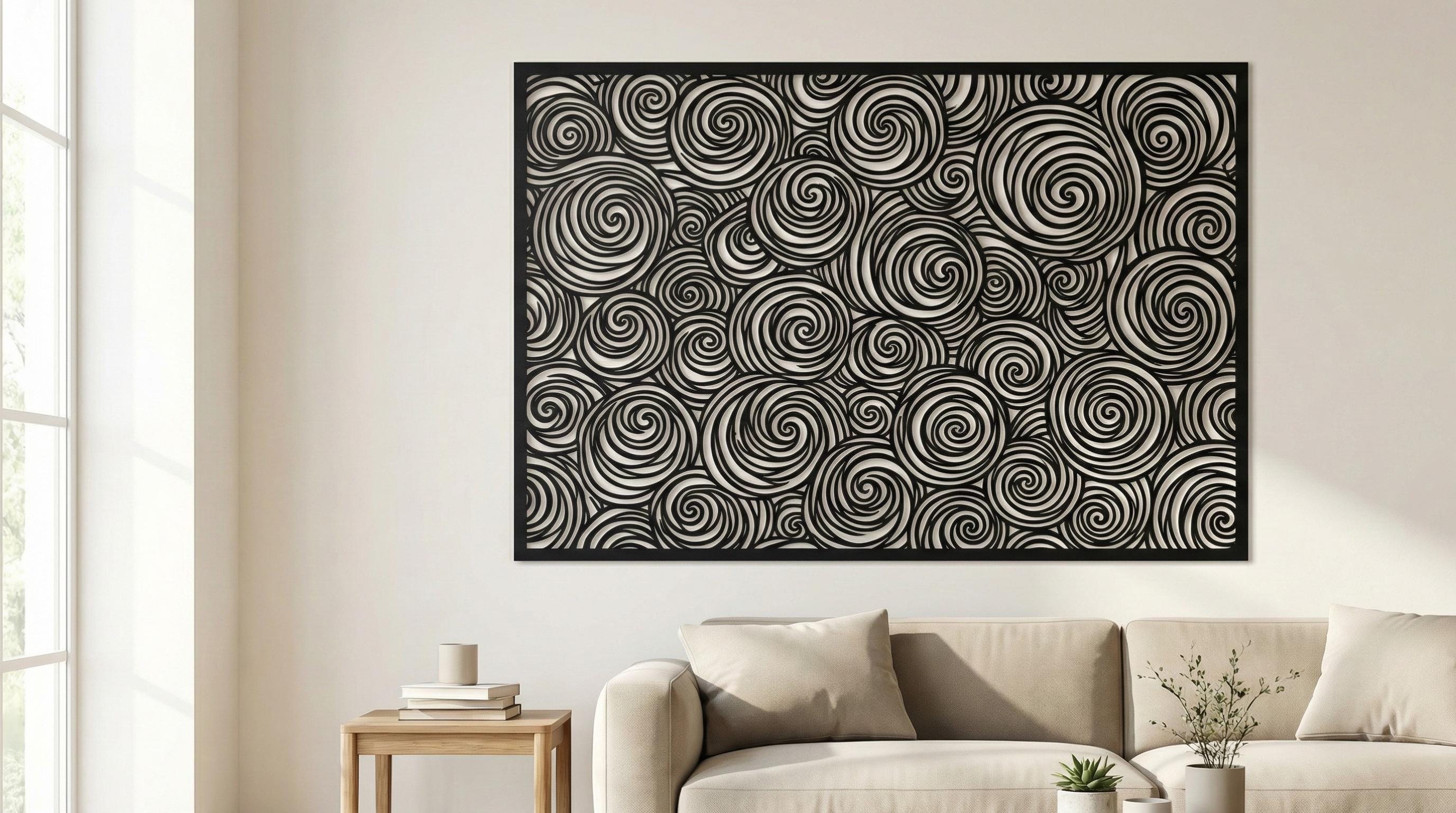 Puede incluir: Arte mural en blanco y negro con un diseño de espirales arremolinadas. La obra de arte, enmarcada en negro, cuelga sobre un sofá beige. El diseño consiste en formas circulares repetidas, creando un efecto visual dinámico.