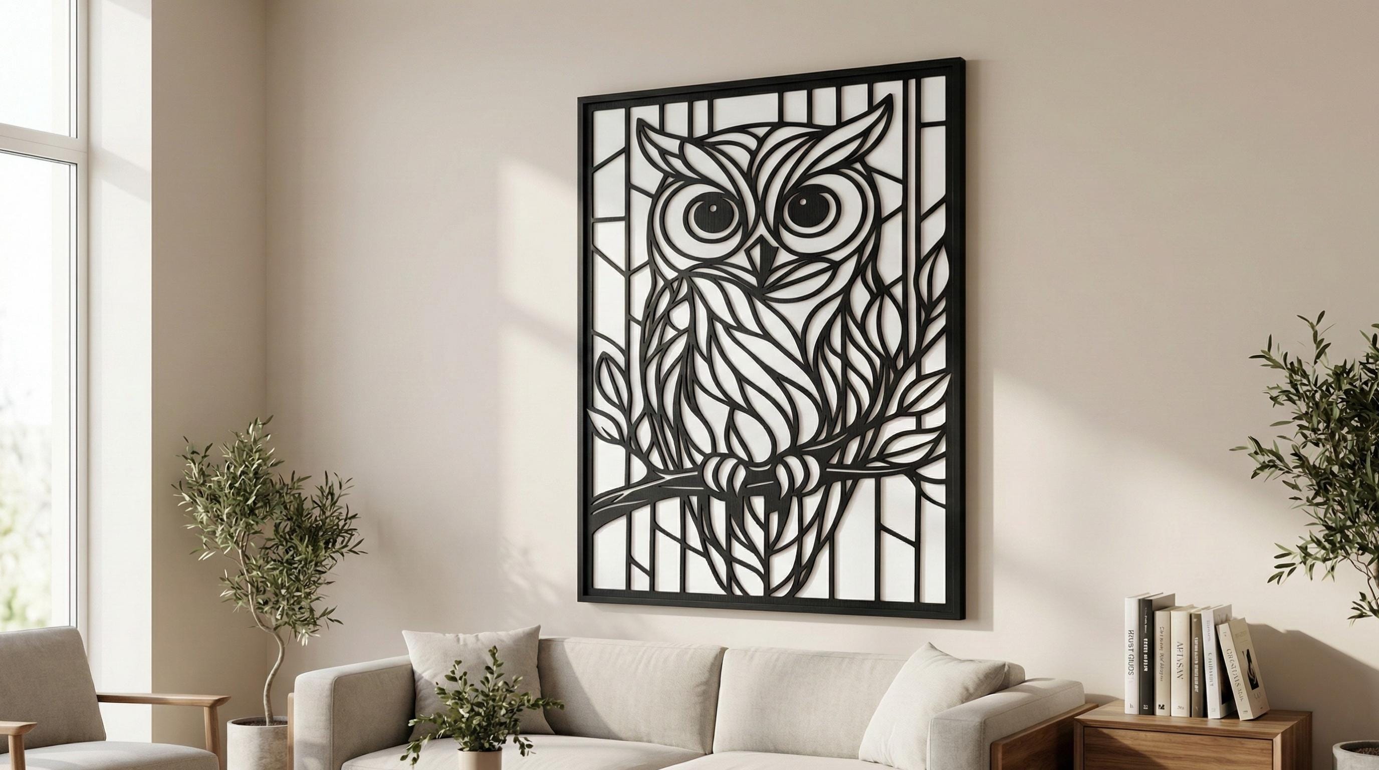 Puede incluir: Arte mural enmarcado en negro con un diseño detallado de un búho. El búho está representado en un patrón geométrico estilizado, posado en una rama. La obra de arte está sobre un fondo blanco.