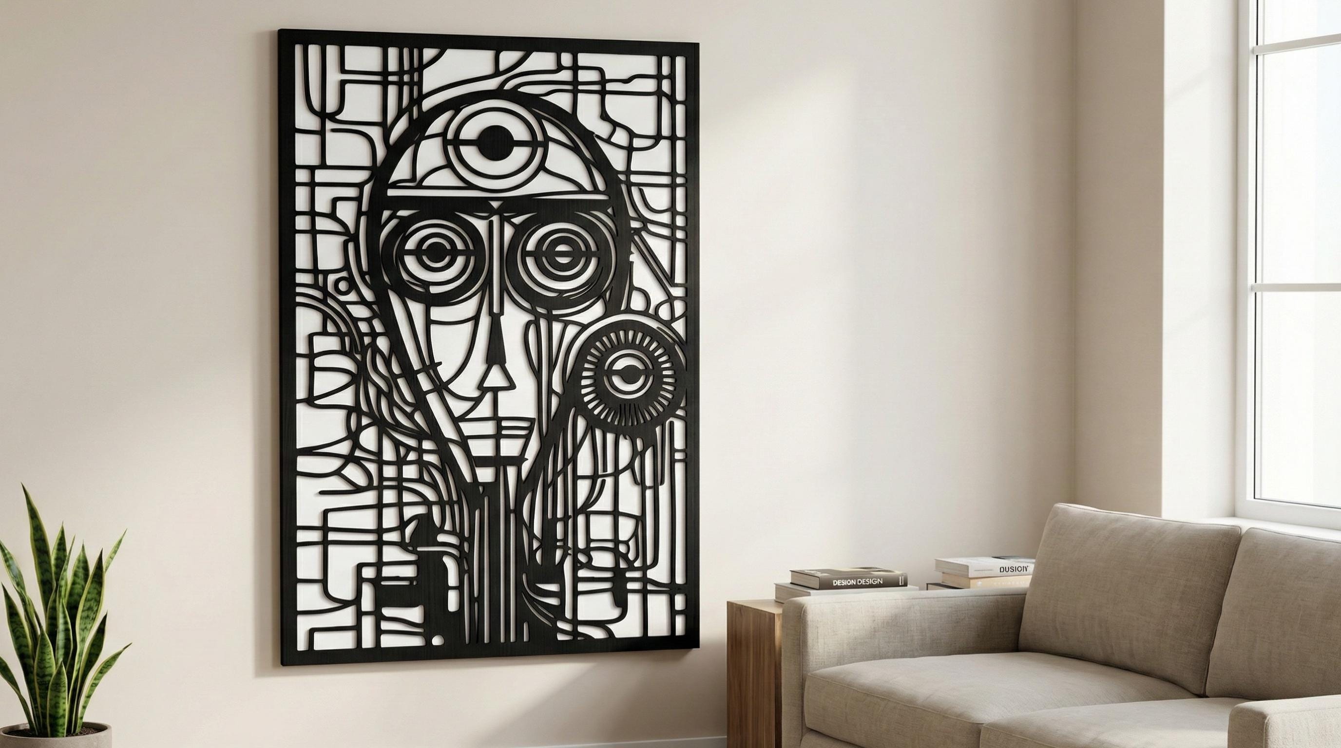 Puede incluir: Arte mural abstracto en blanco y negro con un diseño geométrico de rostro. La obra de arte está enmarcada en negro y montada sobre un fondo blanco. La pieza se exhibe en un salón.
